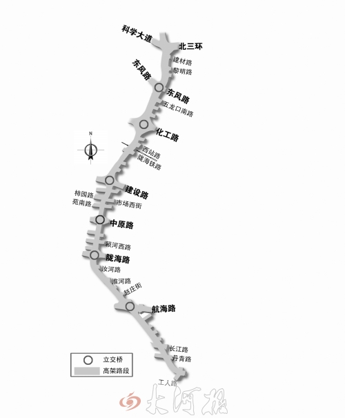 截至目前，僅剩西三環(huán)跨長江路、丹青路高架橋金水河處一座箱梁尚未澆筑。