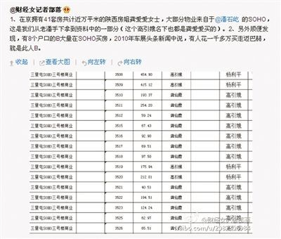 網(wǎng)友“財經(jīng)女記者部落”微博稱，“房姐”多處房產(chǎn)購自潘石屹的SOHO中國。網(wǎng)絡(luò)截圖