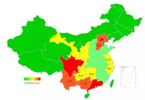 端午期間省域擁堵情況。來(lái)源：交通部聯(lián)合其他機(jī)構(gòu)發(fā)布的《2018年端午全國(guó)公路網(wǎng)出行預(yù)測(cè)報(bào)告》。