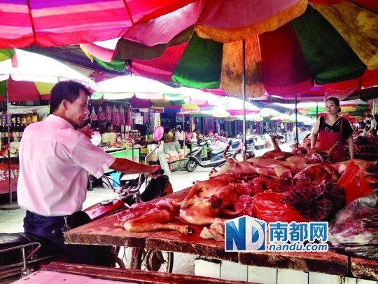  昨日，玉林垌口市場，一位市民在購買狗肉。