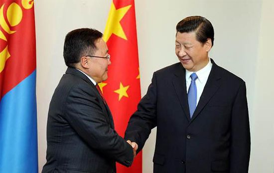 去年9月12日，國(guó)家主席習(xí)近平在比什凱克會(huì)見蒙古國(guó)總統(tǒng)額勒貝格道爾吉。 新華社記者謝環(huán)馳攝
