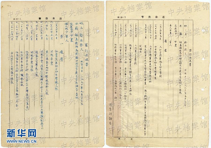 這是日本戰(zhàn)犯鈴木啟久的部分筆供原文（左圖）和鈴木啟久筆供的中文譯文（右圖）。
