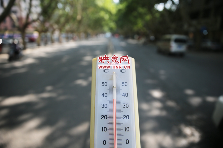 7月8日下午15時(shí)30分，人民路樹(shù)陰處溫度為36度，比人防納涼處高11度。