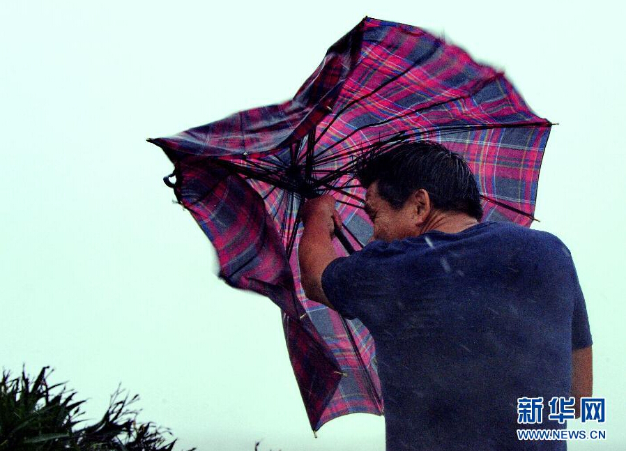 8月8日，福建省石獅市漁民在風雨中前行。