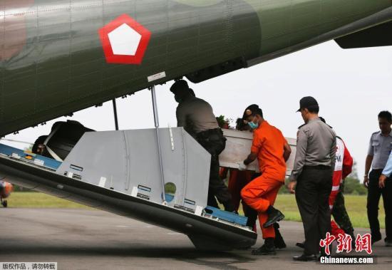 資料圖：當?shù)貢r間2015年1月19日，印尼龐卡蘭布翁，依斯干達空軍基地，救援隊成員正將裝有亞航失事飛機遇難者尸體的棺材抬上一架CN2950運輸機。