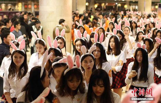 11月11日晚，一百位統(tǒng)一打扮的“兔女郎”現(xiàn)身南京新街口，逛街看電影玩快閃，走到哪里都被圍觀。