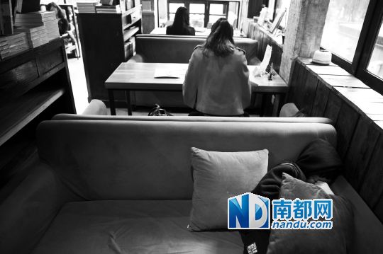 12月12日上午，不打烊書店里，12歲的楊東吃完午飯后抱著抱枕蜷在沙發(fā)里睡覺。